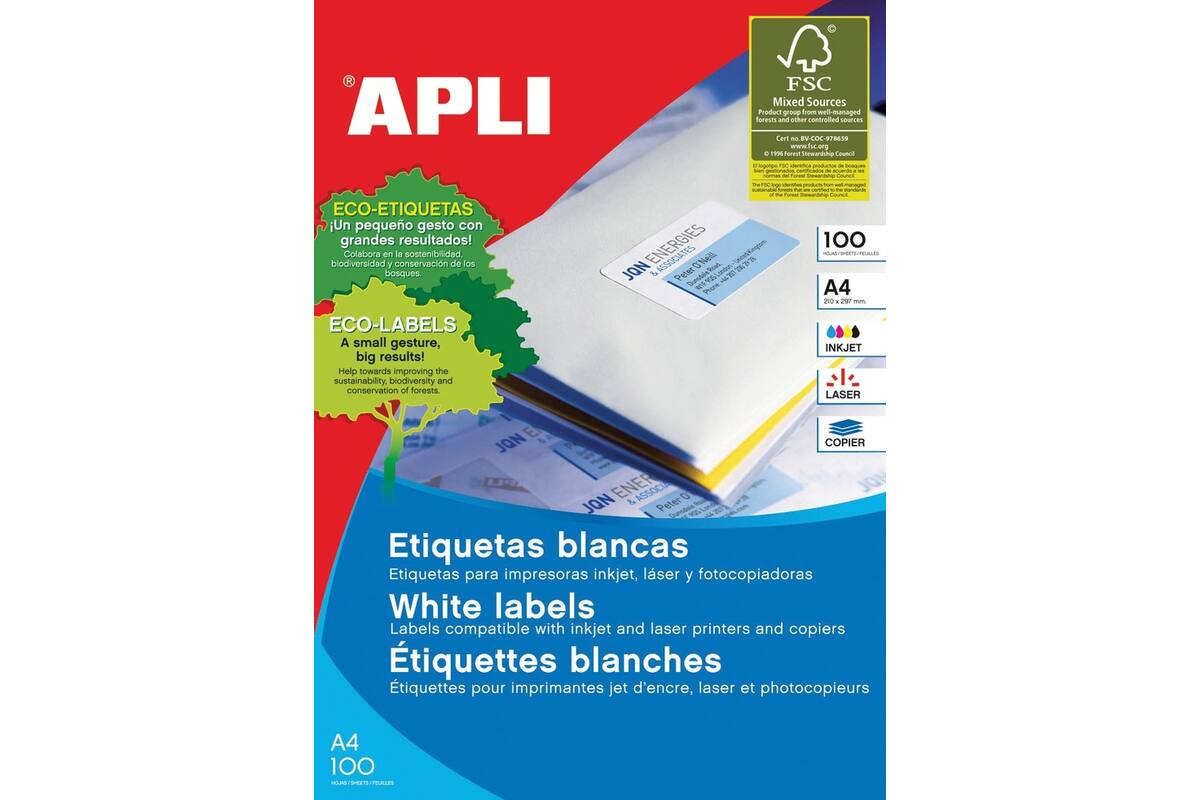 Etiketten Apli A4 210 x 297 , 100 vel